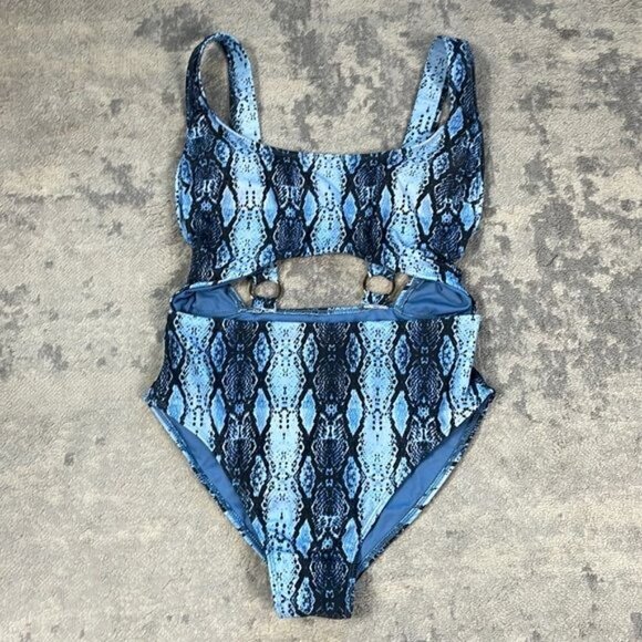 New Rachel Rachel Roy Desert Snake Cut Out One Piece Swimsuit Blue Reptile Sz L - Picture 3 of 10